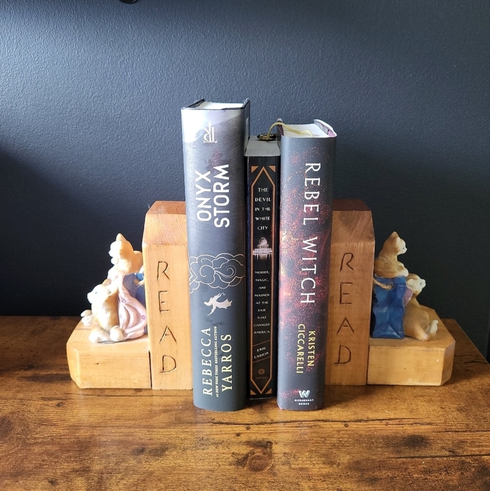 Wooden Bookends with Cat Figurines